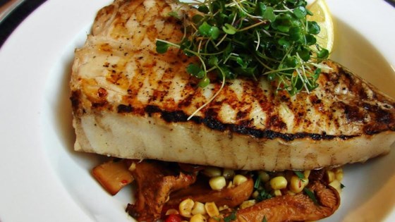 Grilled Halibut Steaks with Corn and Chanterelles 