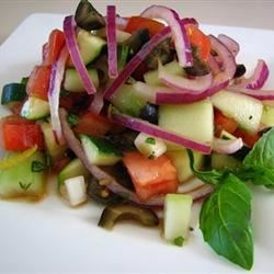 Cucumber Tomato Salad with Zucchini and Black Olives in Lemon Balsamic Vinaigrette