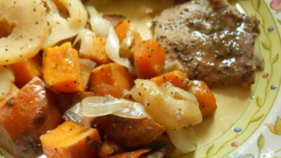 Pork Chops with Apples, Onions, and Sweet Potatoes