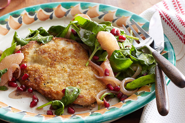 Pork Milanesa with Warm Spinach, Grapefruit & Pomegranate Salad